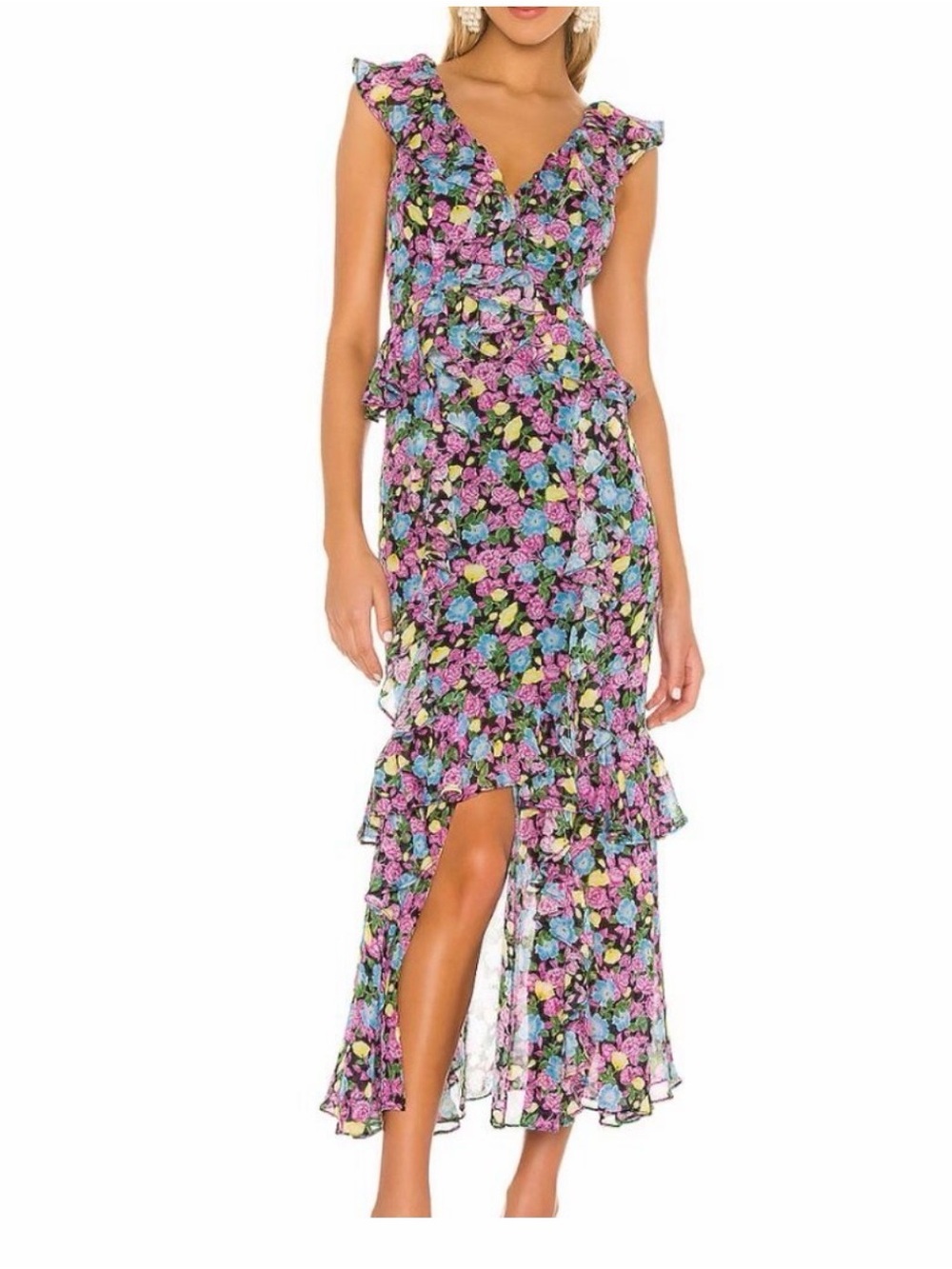 AMUR Floral Ruffle High-Low Maxi Dress in Pink, Blue and Green